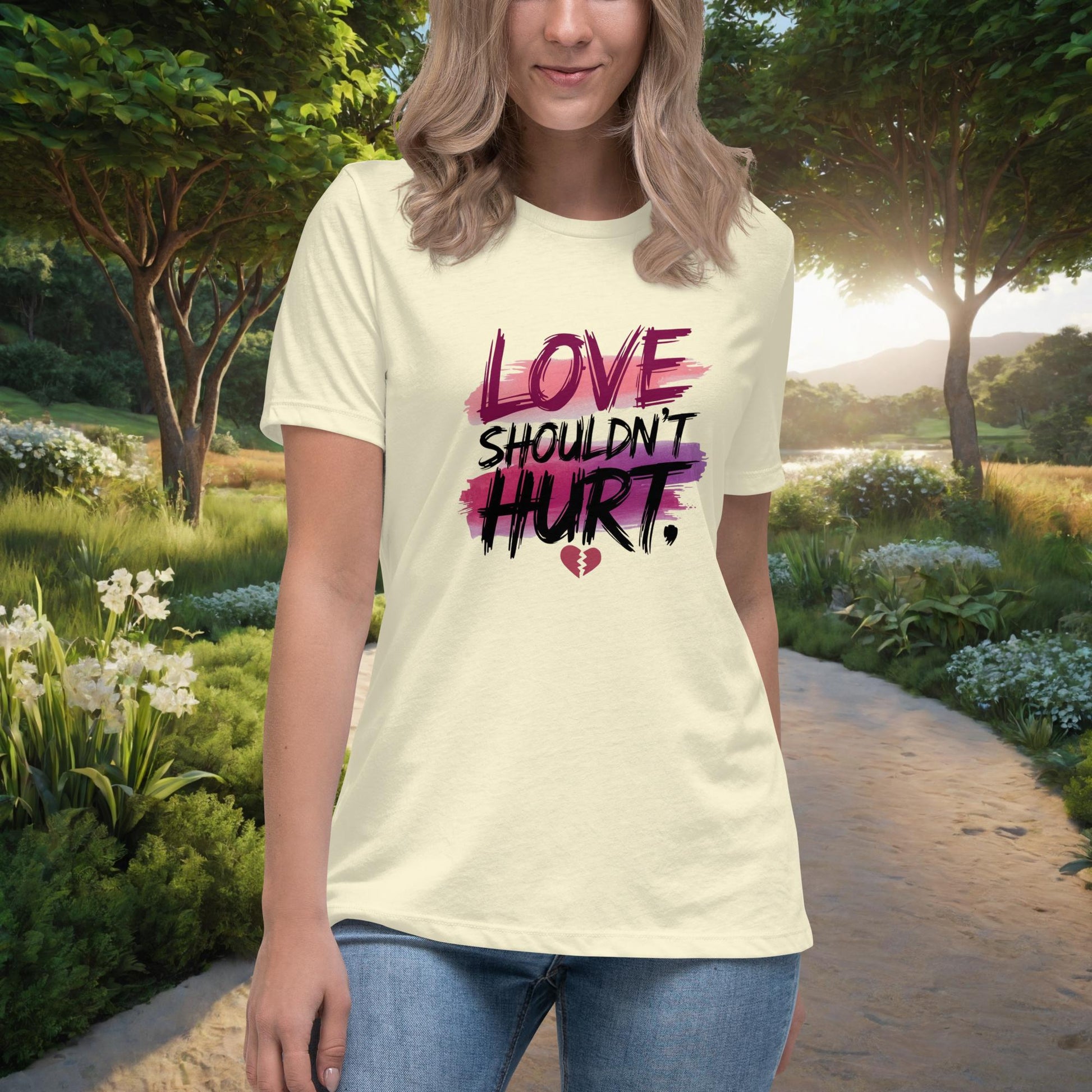 Love Shouldn't Hurt Women's Relaxed T-Shirt, Personalized Domestic Abuse Awareness & Survivor Support Shirt - MySisterIsASurvivor