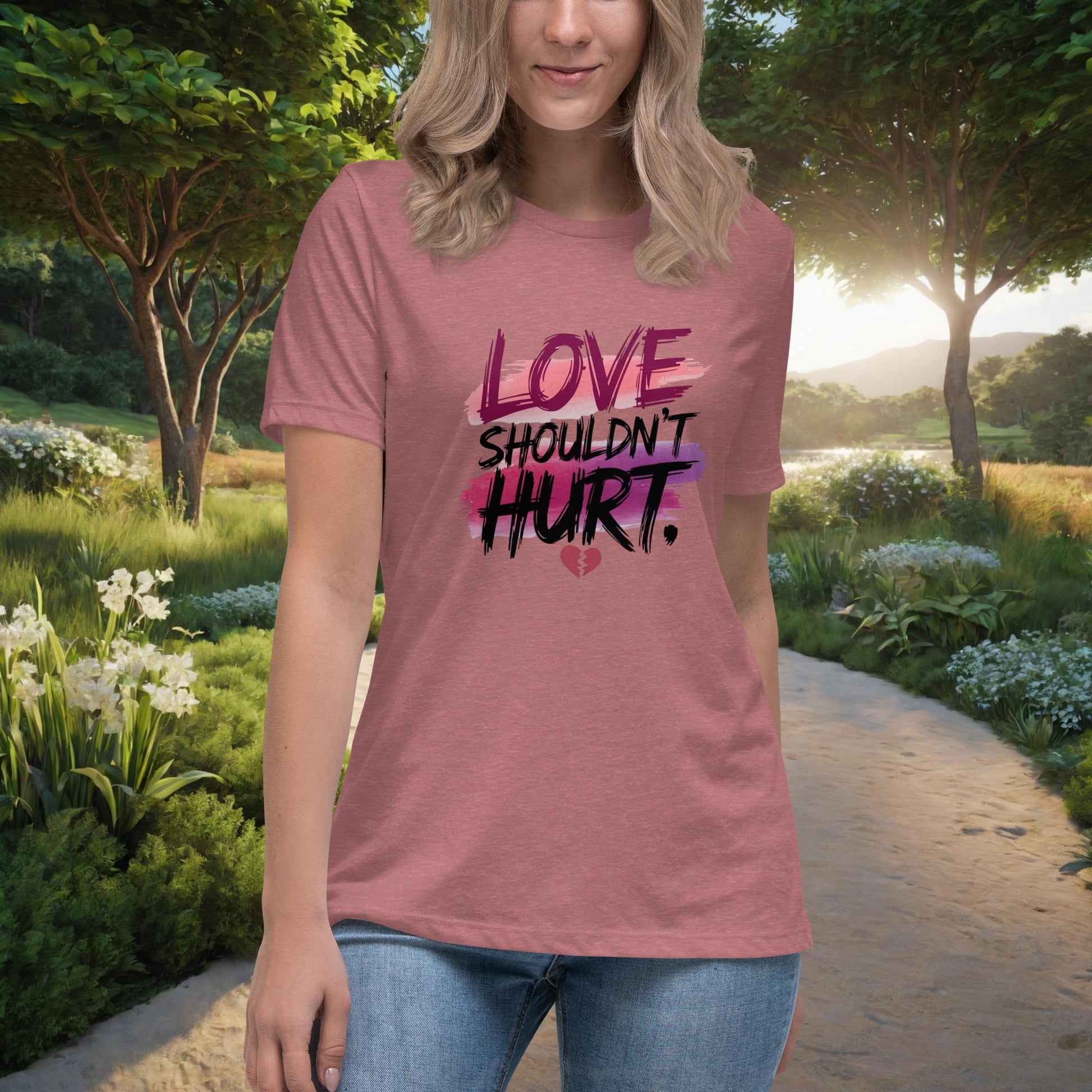 Love Shouldn't Hurt Women's Relaxed T-Shirt, Personalized Domestic Abuse Awareness & Survivor Support Shirt - MySisterIsASurvivor