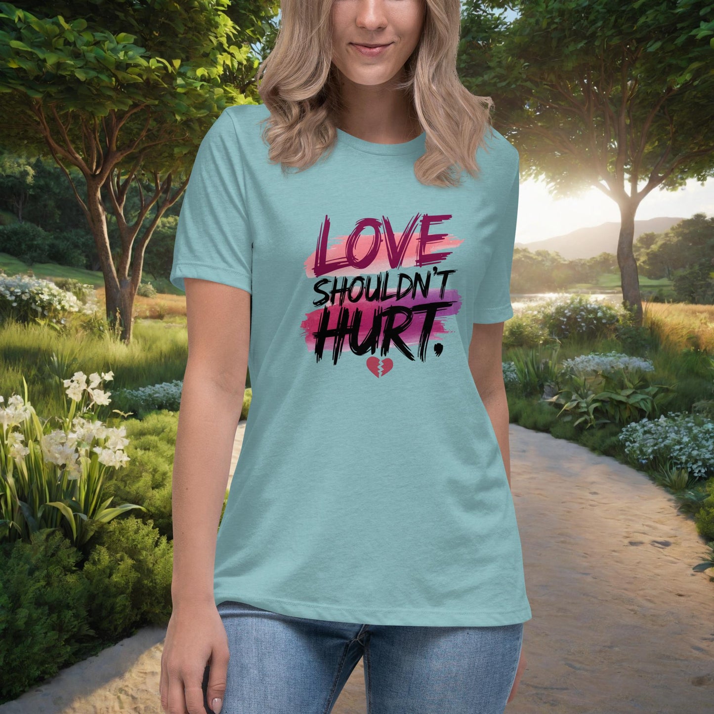 Love Shouldn't Hurt Women's Relaxed T-Shirt, Personalized Domestic Abuse Awareness & Survivor Support Shirt - MySisterIsASurvivor