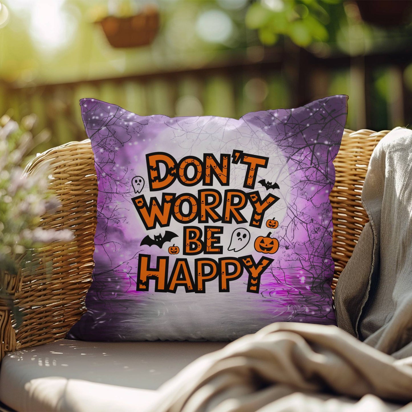 Skeleton-themed Halloween indoor/outdoor pillow with “Don’t Worry Be Happy” for mental health encouragement