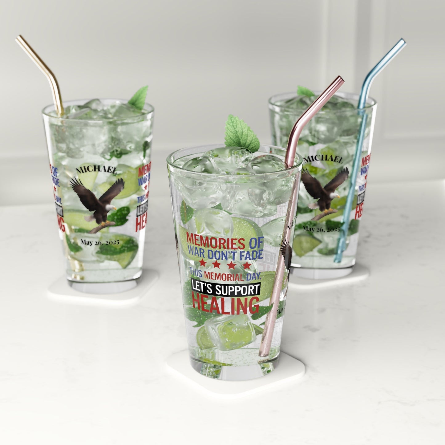 Memories Of War Don't Fade pint glass - engraved PTSD awareness glass for veterans and service members