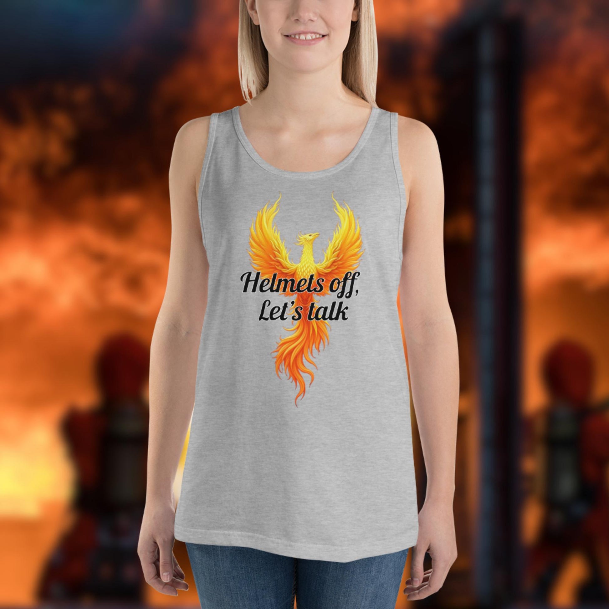 Helmets Off Let's Talk firefighter tank top promoting open mental health conversations