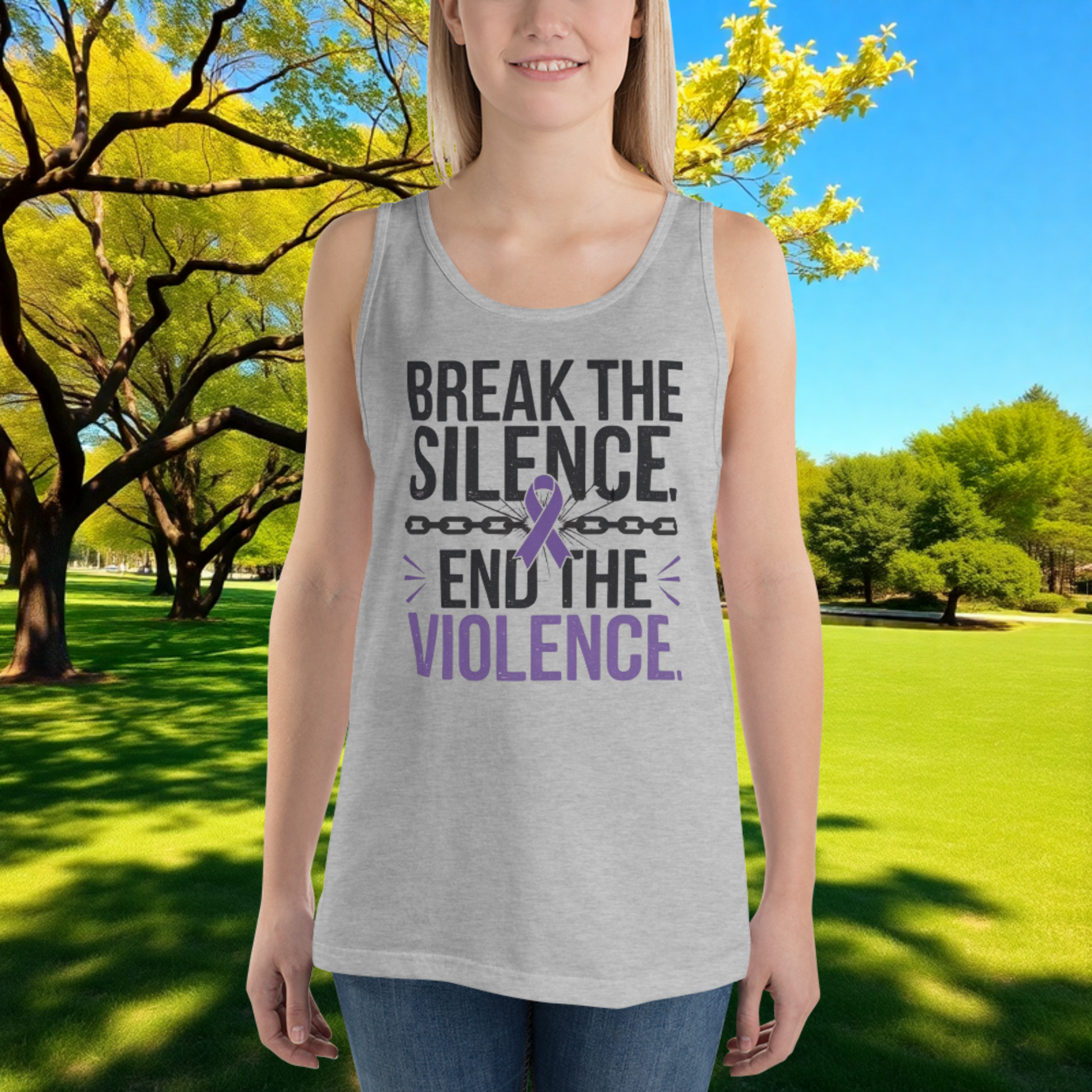 Break the Silence, End Violence quote unisex tank top for survivor empowerment, domestic abuse awareness, and support