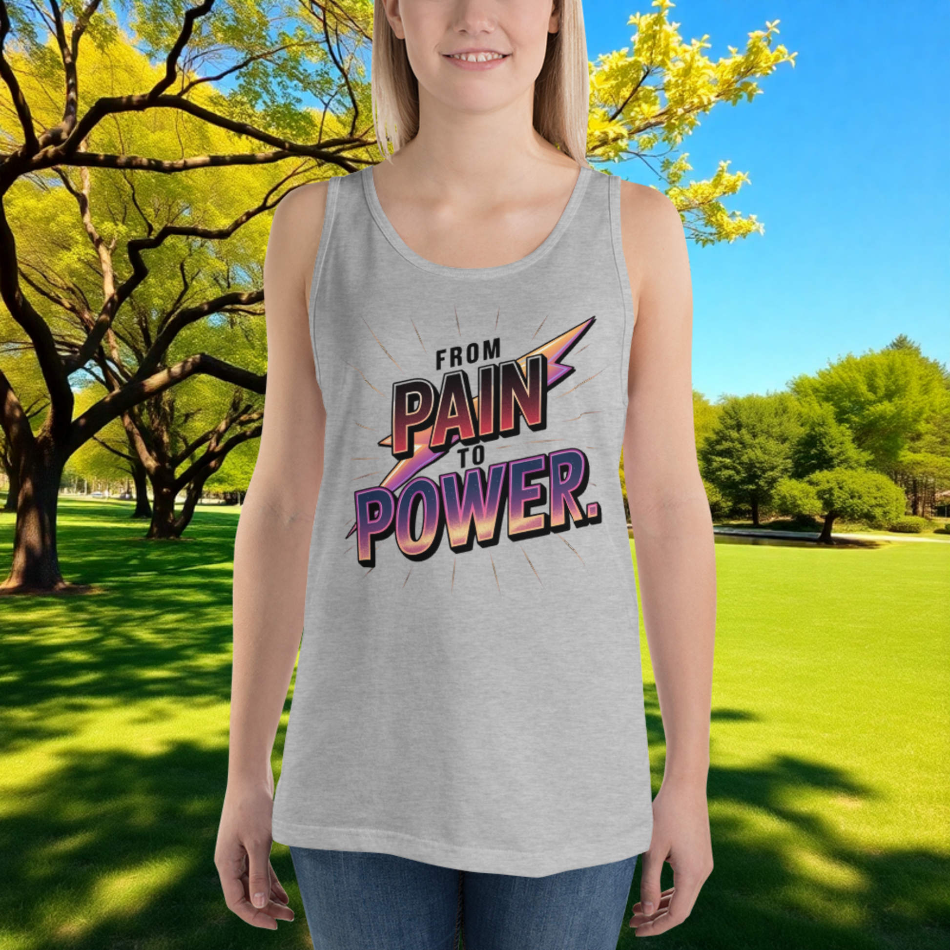 From Pain to Power quote unisex tank top for survivors, healing, strength, empowerment, and domestic violence awareness