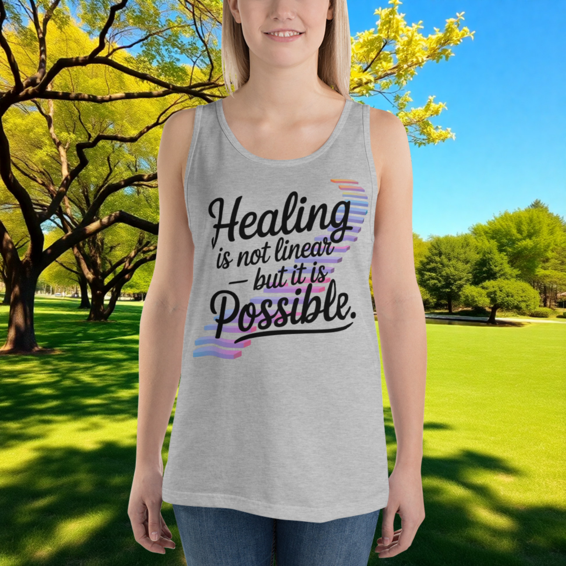 Healing Is Not Linear But It Is Possible quote unisex tank top for mental health recovery, empowerment, and survivor support