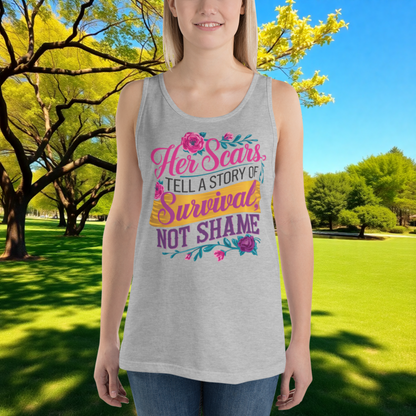 Her Scars Tell a Story of Survival quote unisex tank top, domestic violence survivor gift, and empowerment apparel