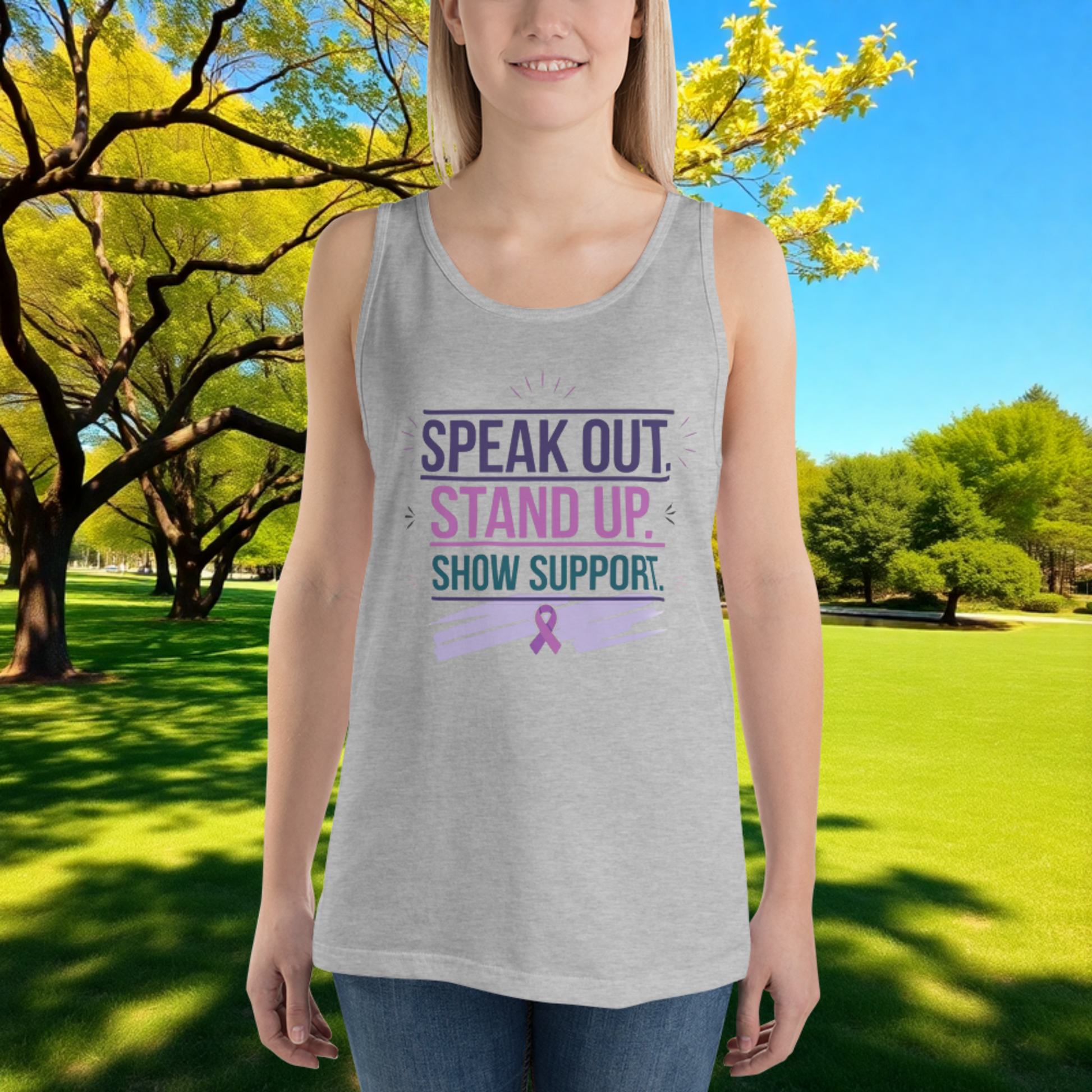 Speak Out, Stand Up, Show Support quote unisex tank top for domestic violence awareness, advocacy, and survivor support