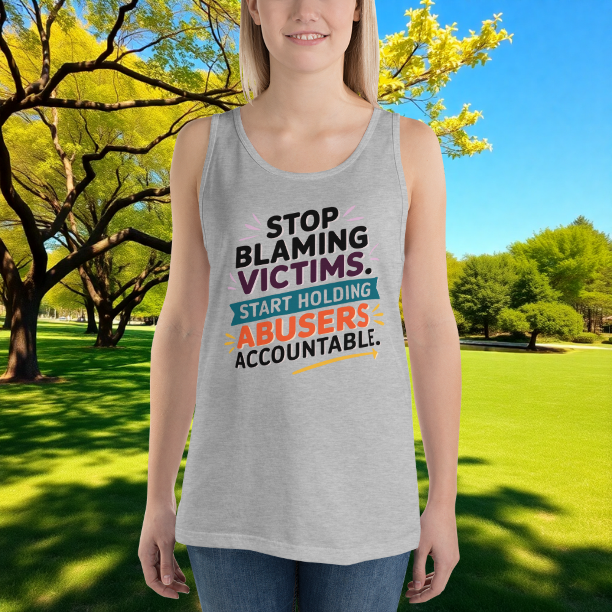 Stop Blaming Victims, Hold Abusers Accountable quote unisex tank top for survivor advocacy, justice, and empowerment