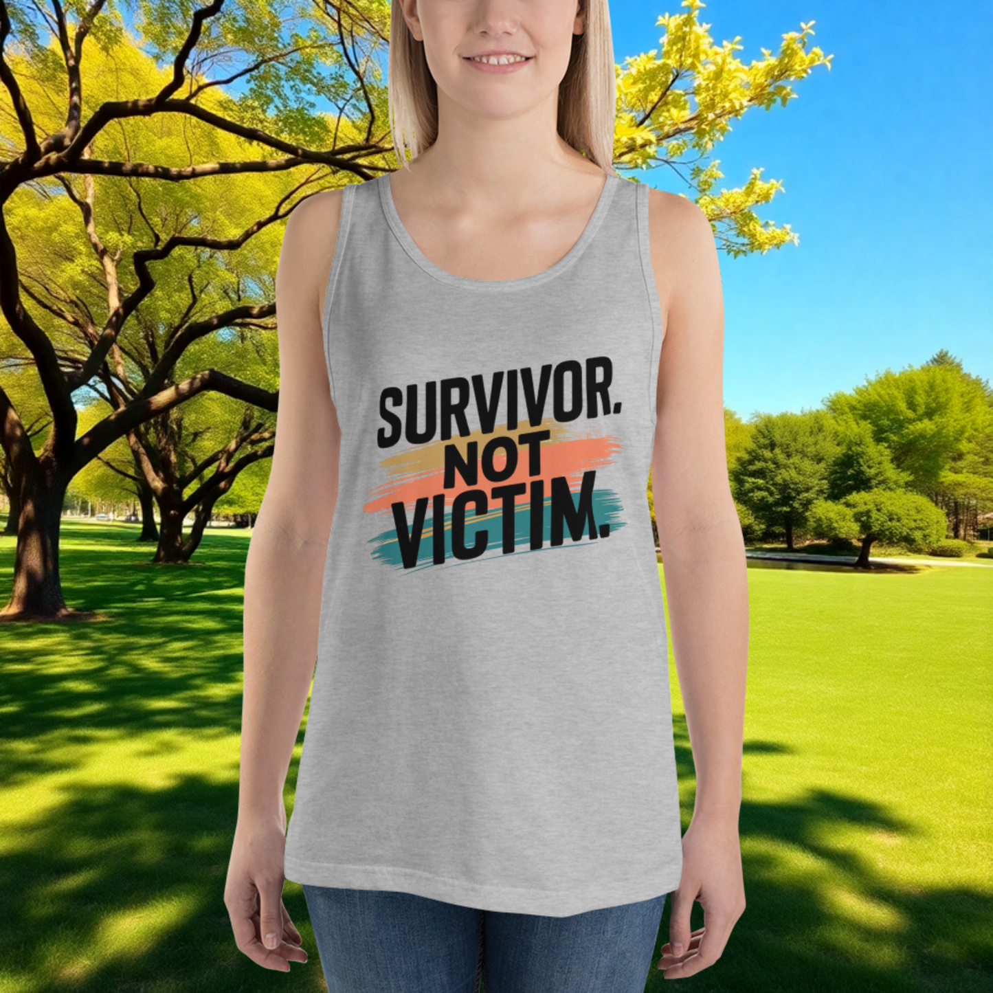 Survivor, Not Victim quote unisex tank top, domestic violence awareness, survivor empowerment, and advocacy apparel