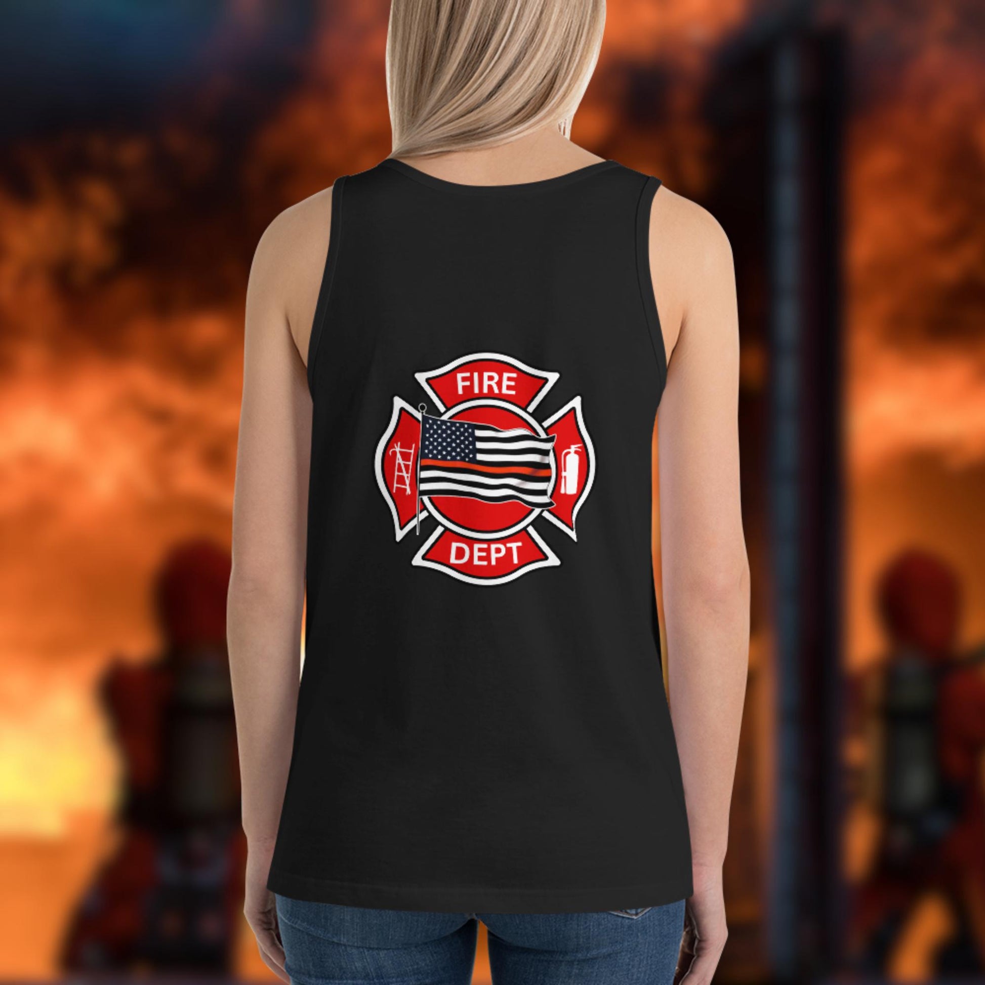 Check On Your Crew themed firefighter tank top promoting emotional wellness
