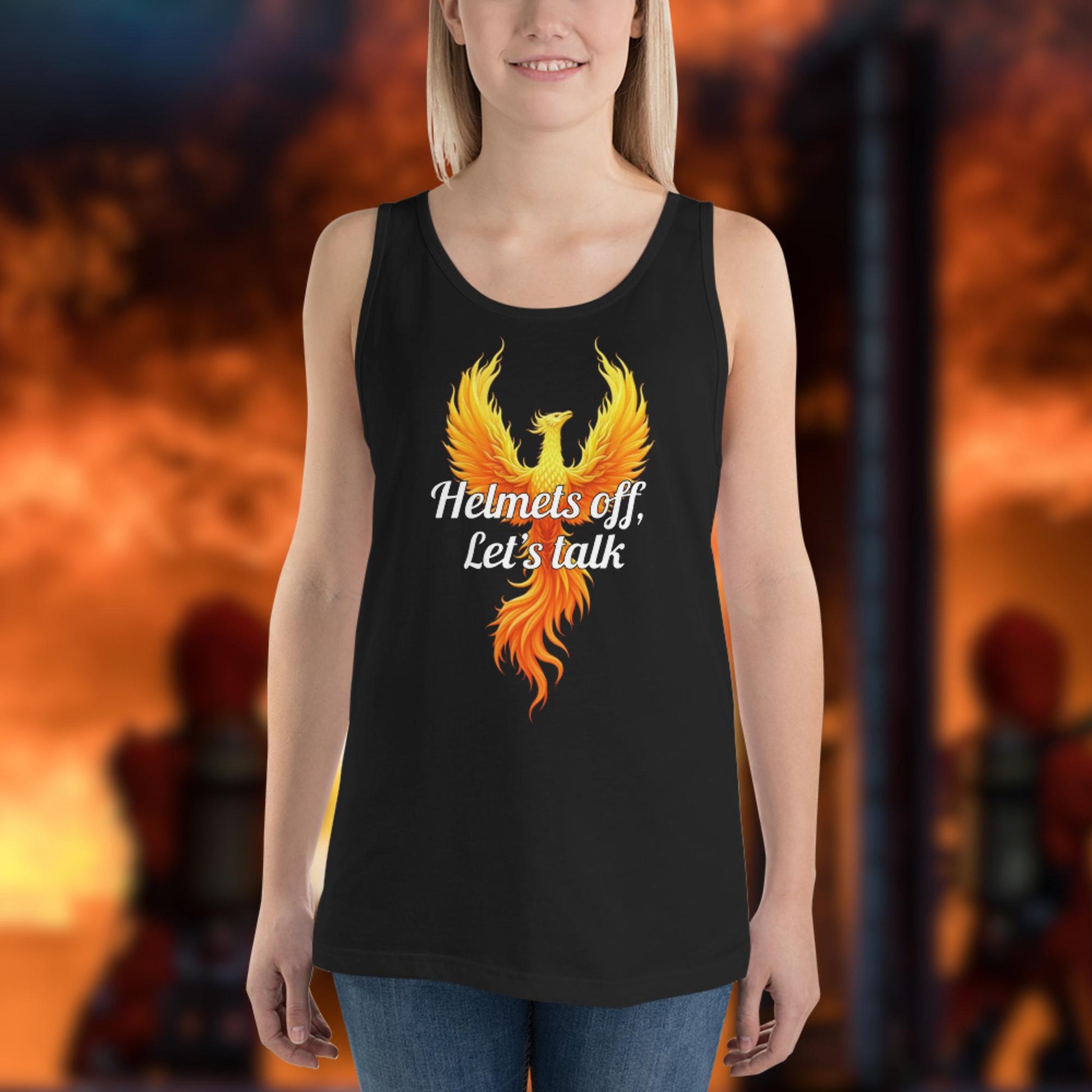 Helmets Off Let's Talk firefighter tank top promoting open mental health conversations