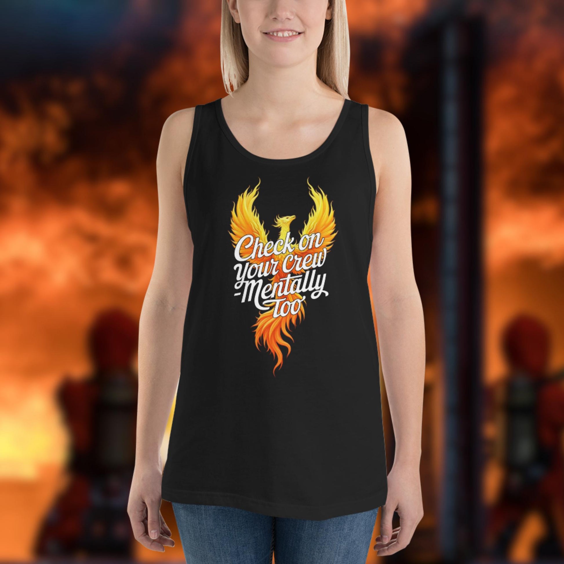 Check On Your Crew themed firefighter tank top promoting emotional wellness
