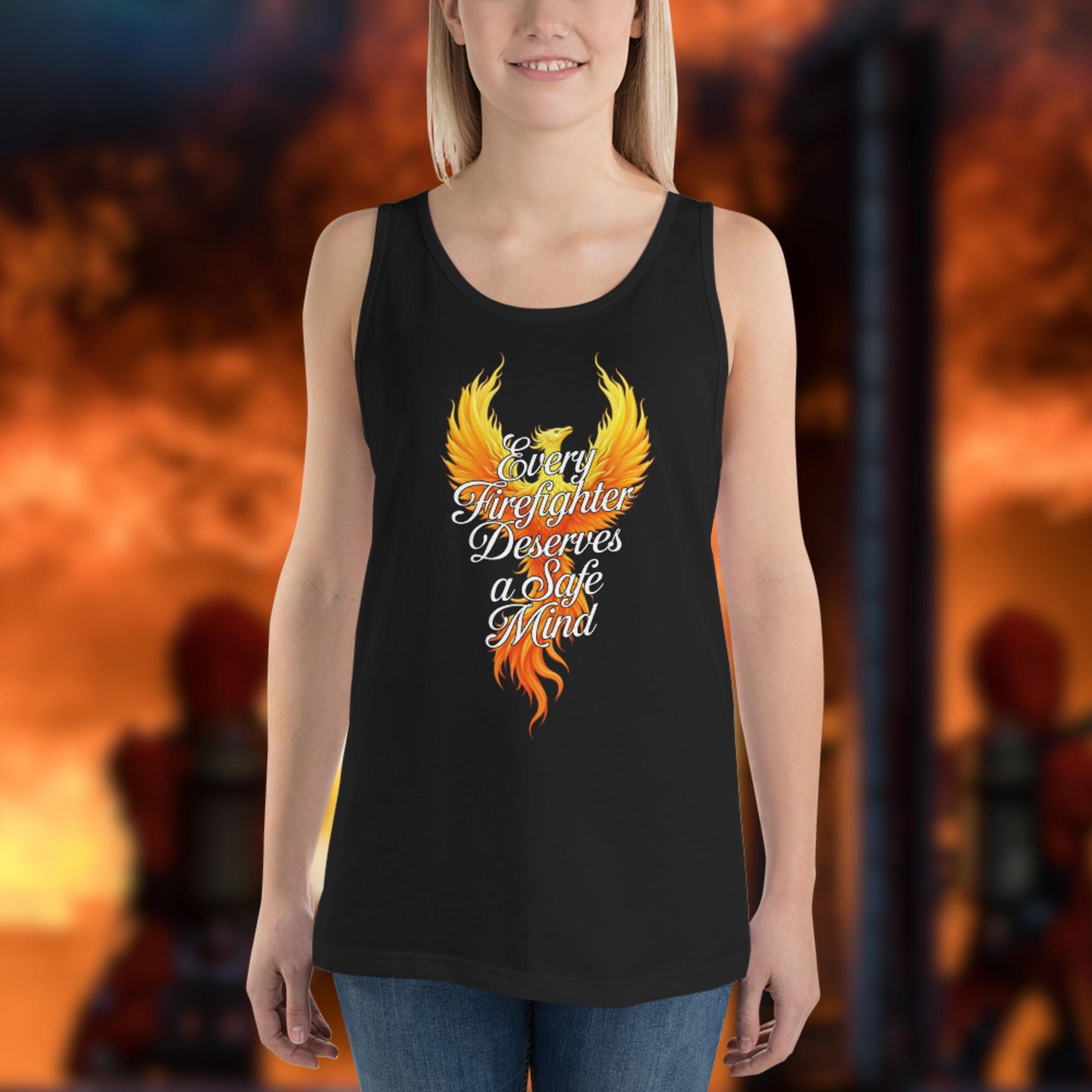 Every Firefighter Deserves a Safe Mind tank top promoting firefighter wellness