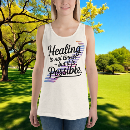 Healing Is Not Linear But It Is Possible quote unisex tank top for mental health recovery, empowerment, and survivor support