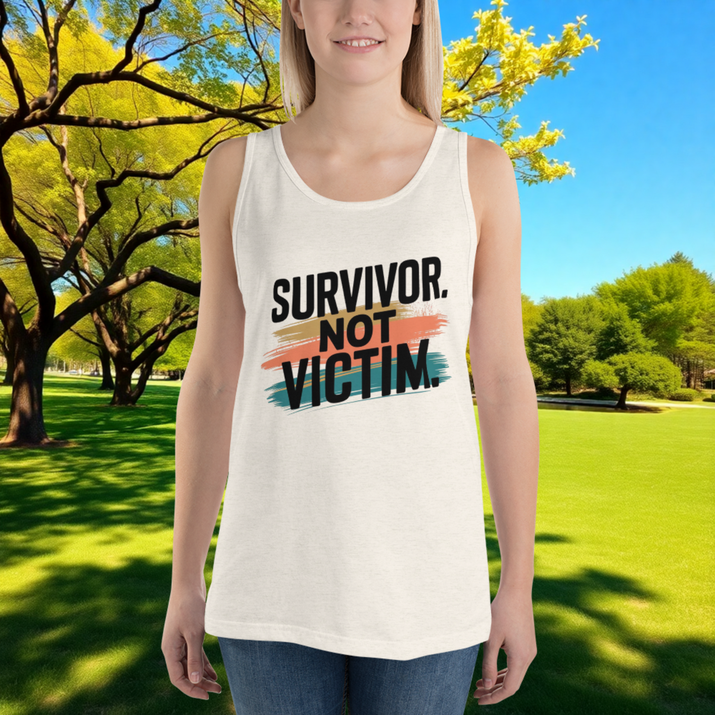 Survivor, Not Victim quote unisex tank top, domestic violence awareness, survivor empowerment, and advocacy apparel