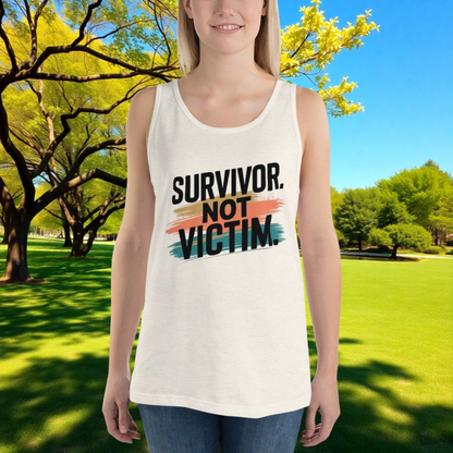 Survivor, Not Victim quote unisex tank top, domestic violence awareness, survivor empowerment, and advocacy apparel