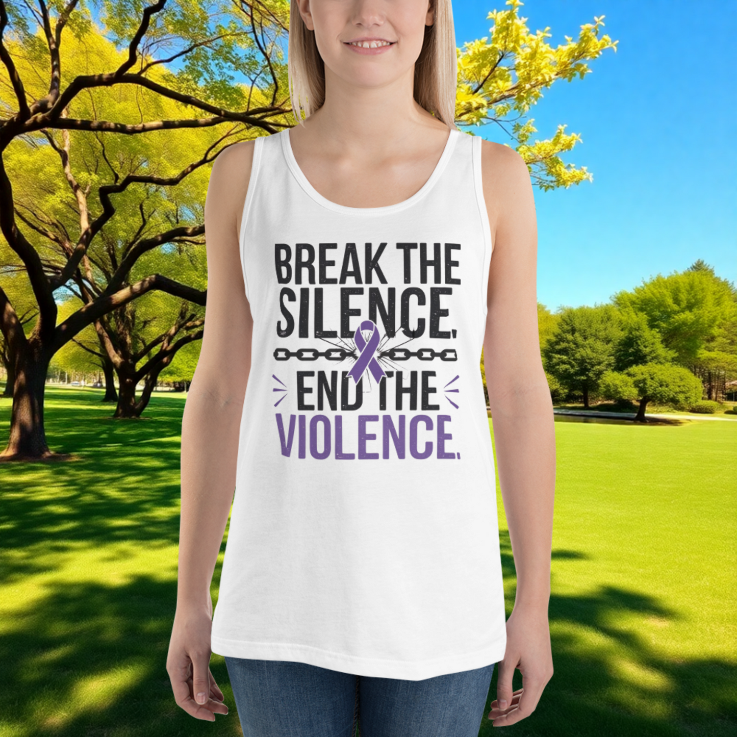 Break the Silence, End Violence quote unisex tank top for survivor empowerment, domestic abuse awareness, and support