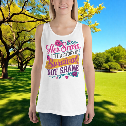 Her Scars Tell a Story of Survival quote unisex tank top, domestic violence survivor gift, and empowerment apparel