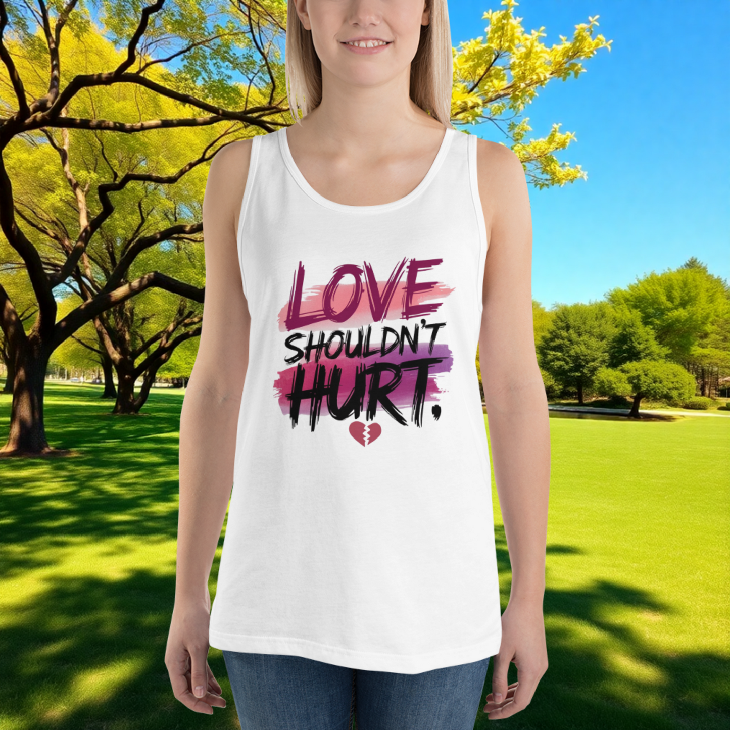 Love Shouldn't Hurt quote unisex tank top, domestic violence awareness apparel and support gift for survivors