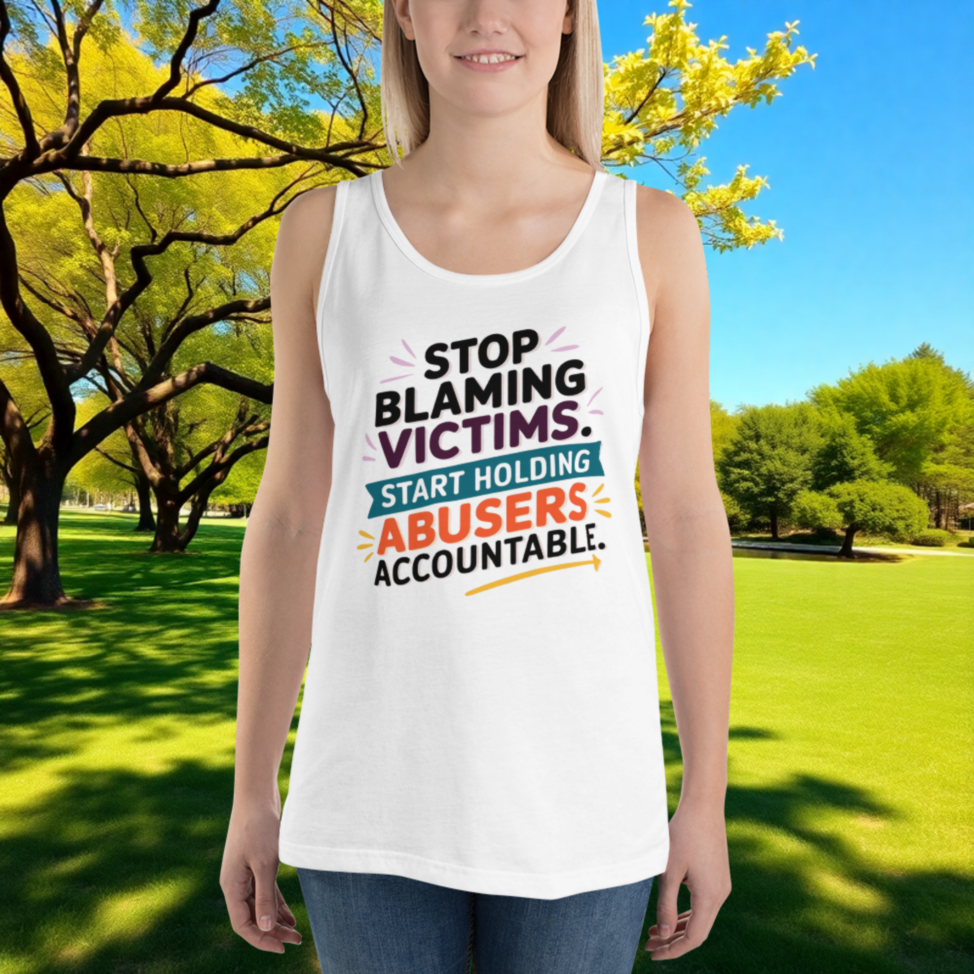 Stop Blaming Victims, Hold Abusers Accountable quote unisex tank top for survivor advocacy, justice, and empowerment