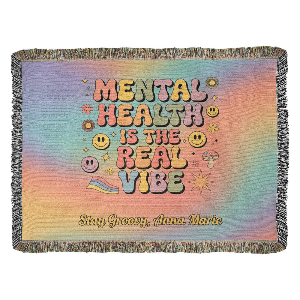 Mental Health Is the Real Vibe Woven Blanket - Personalized Retro Heirloom Throw - MySisterIsASurvivor