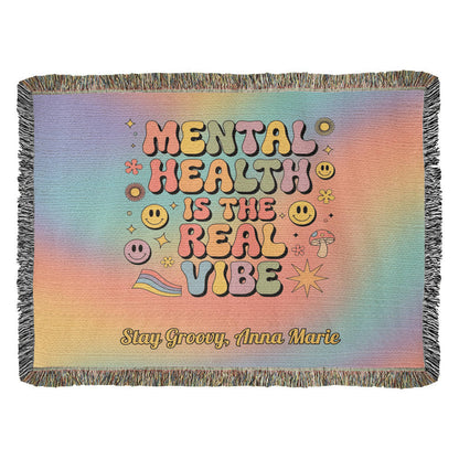 Mental Health Is the Real Vibe Woven Blanket - Personalized Retro Heirloom Throw - MySisterIsASurvivor