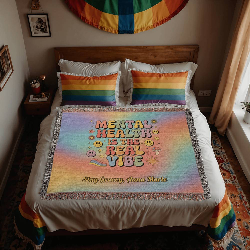 Mental Health Is the Real Vibe Woven Blanket - Personalized Retro Heirloom Throw - MySisterIsASurvivor