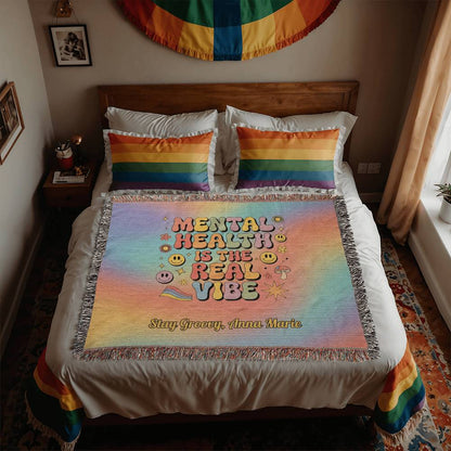 Mental Health Is the Real Vibe Woven Blanket - Personalized Retro Heirloom Throw - MySisterIsASurvivor