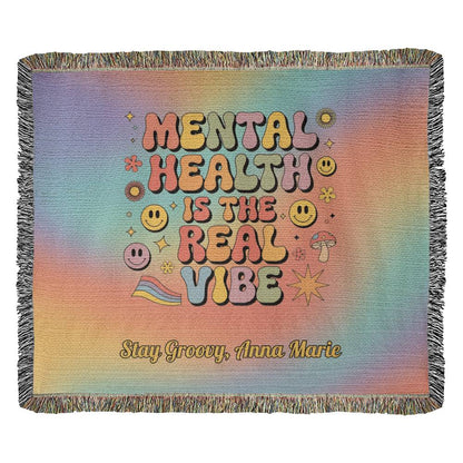 Mental Health Is the Real Vibe Woven Blanket - Personalized Retro Heirloom Throw - MySisterIsASurvivor