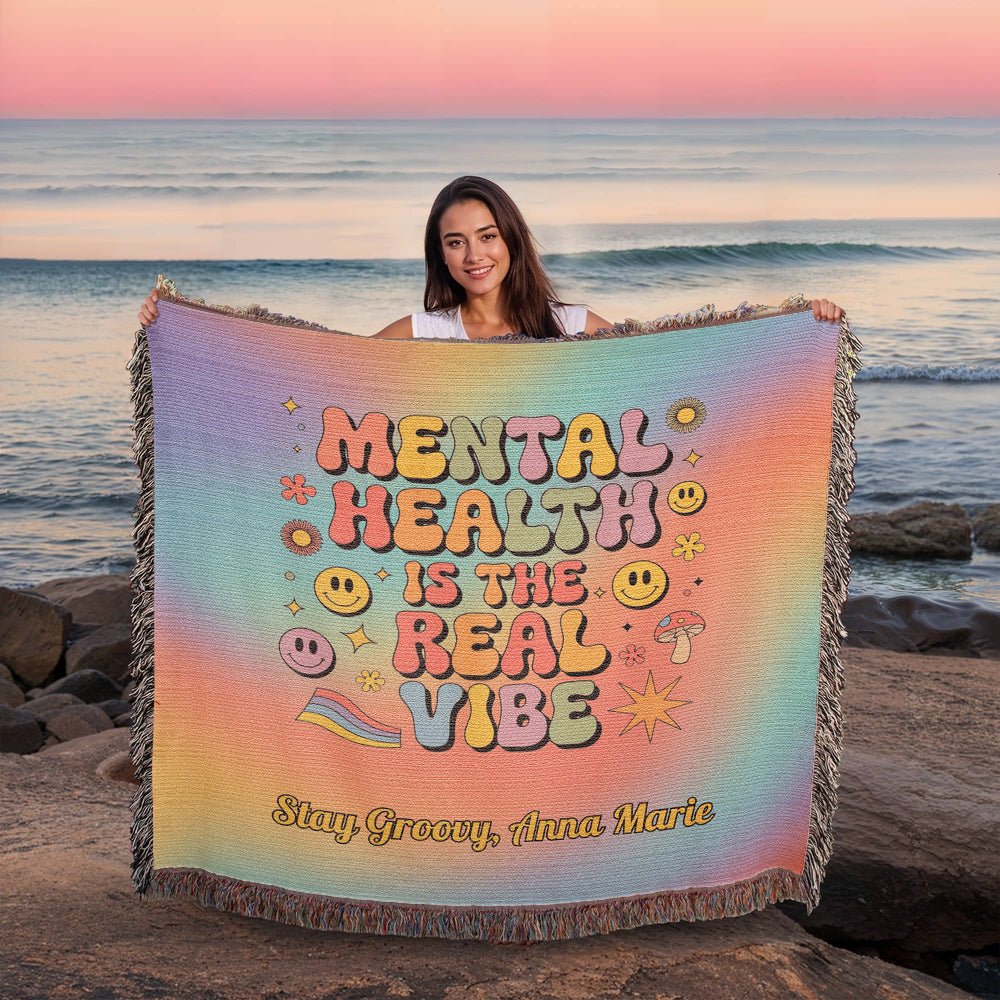 Mental Health Is the Real Vibe Woven Blanket - Personalized Retro Heirloom Throw - MySisterIsASurvivor