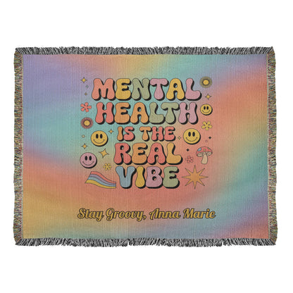 Mental Health Is the Real Vibe Woven Blanket - Personalized Retro Heirloom Throw - MySisterIsASurvivor