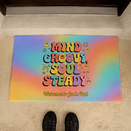 Mind Groovy, Soul Steady Personalized Retro Welcome Mat - Therapy & Positive Vibes - MySisterIsASurvivor