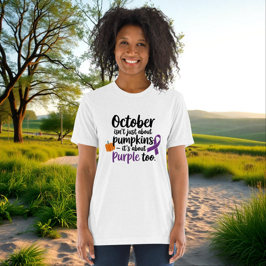 October Isn’t Just About Pumpkins unisex tri-blend t-shirt, personalized purple ribbon domestic violence awareness shirt