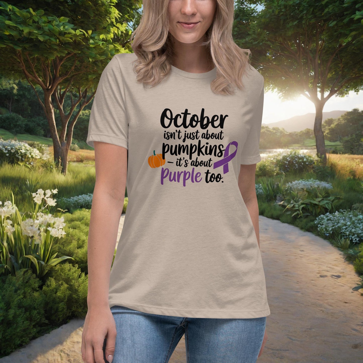 October Isn’t Just About Pumpkins Women’s Relaxed T-Shirt, Personalized Domestic Violence Awareness Month Support Shirt - MySisterIsASurvivor