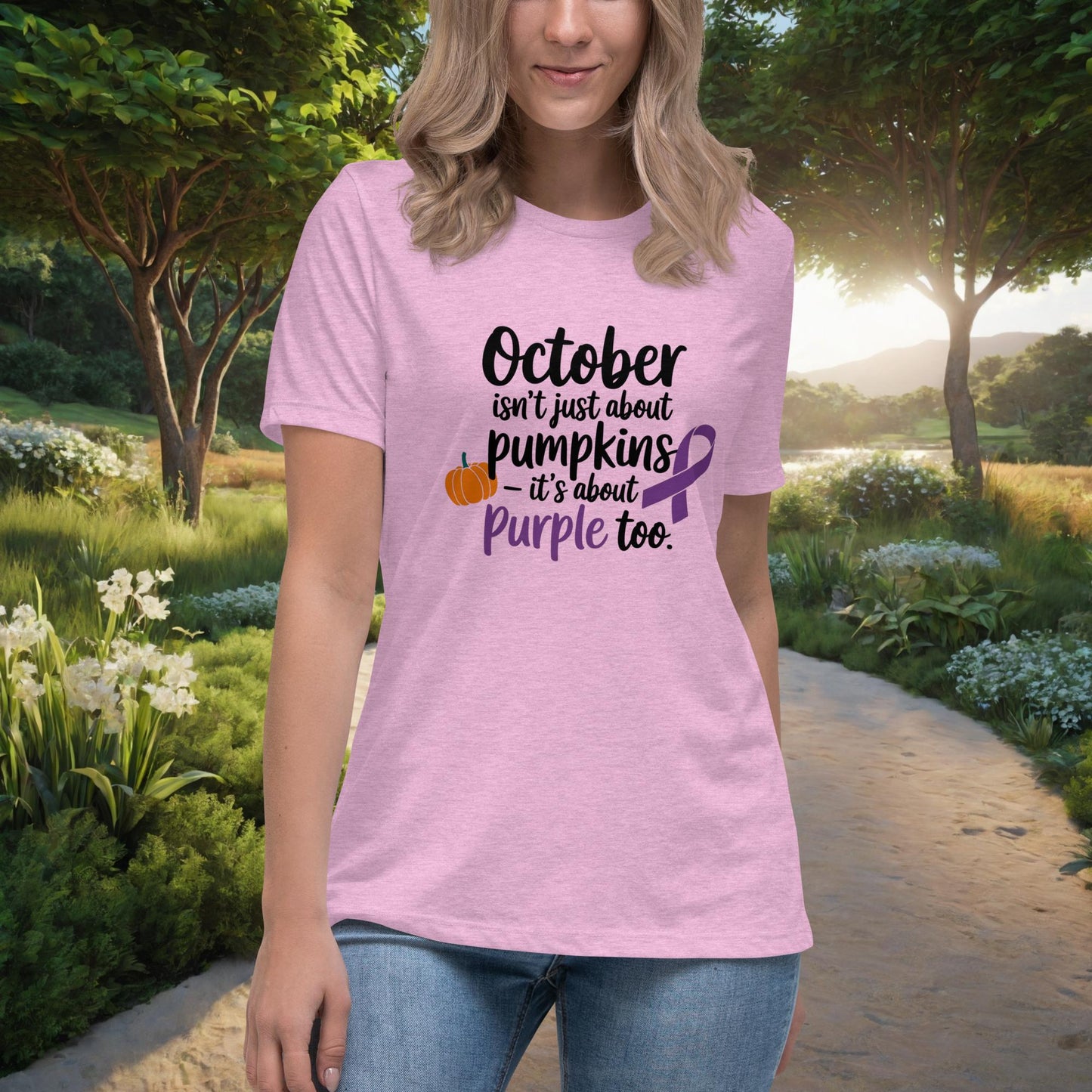 October Isn’t Just About Pumpkins Women’s Relaxed T-Shirt, Personalized Domestic Violence Awareness Month Support Shirt - MySisterIsASurvivor