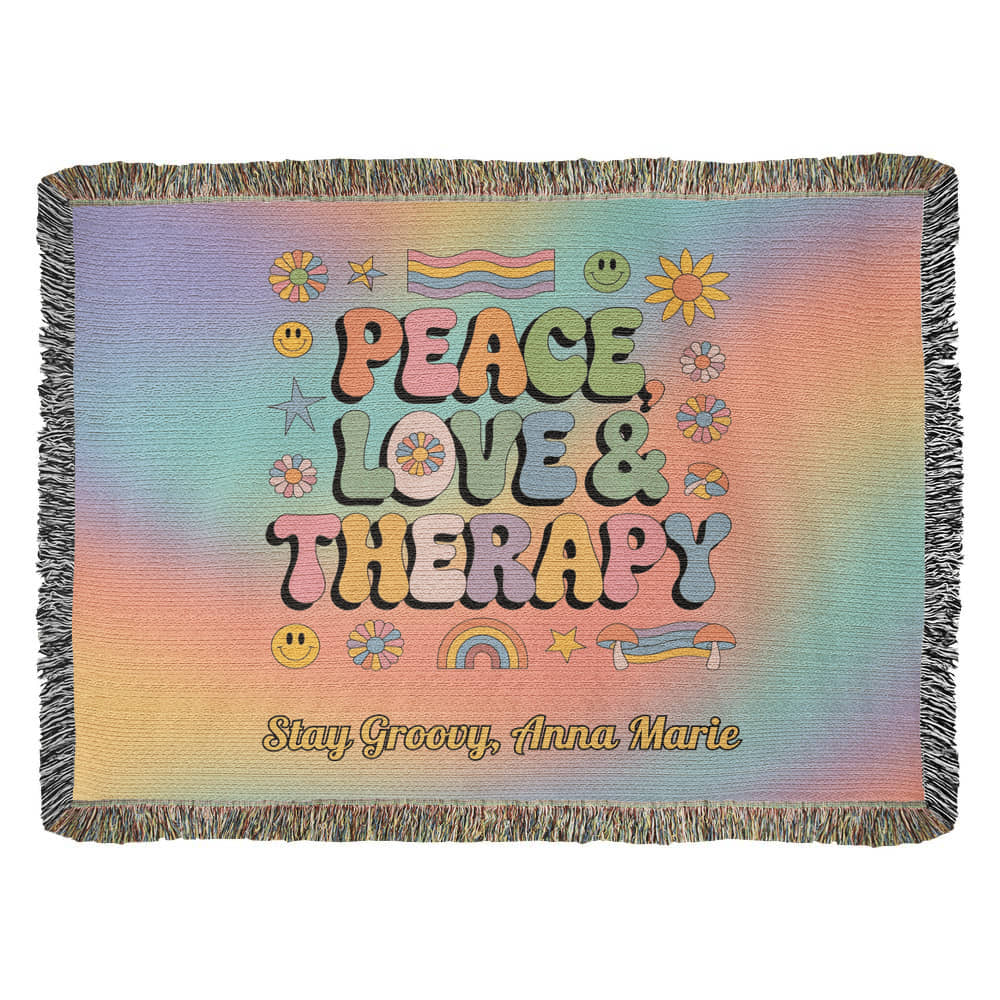 Peace, Love & Therapy Custom Retro Blanket - Personalized Mental Health Throw - MySisterIsASurvivor