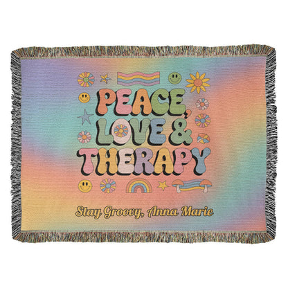 Peace, Love & Therapy Custom Retro Blanket - Personalized Mental Health Throw - MySisterIsASurvivor