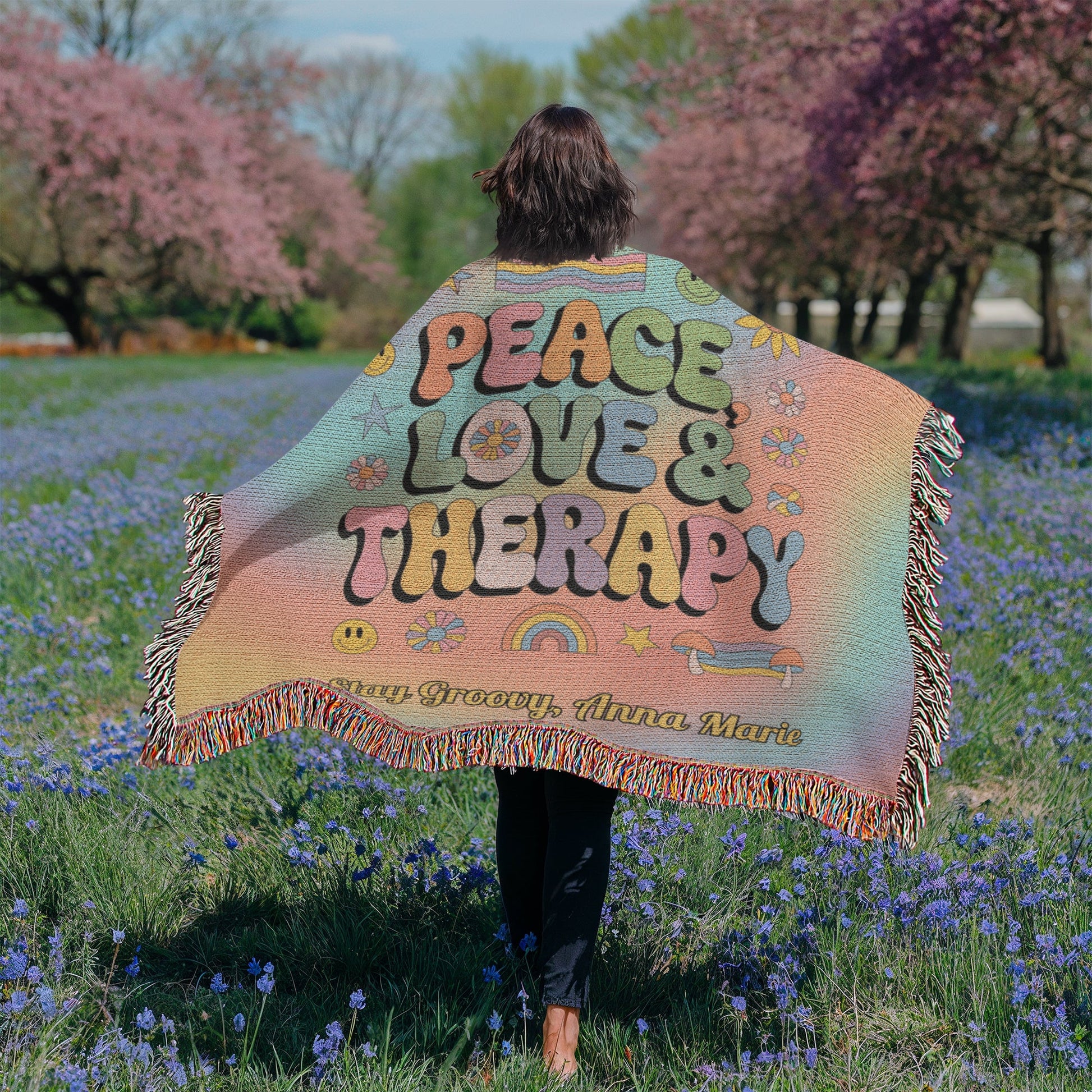 Peace, Love & Therapy Custom Retro Blanket - Personalized Mental Health Throw - MySisterIsASurvivor