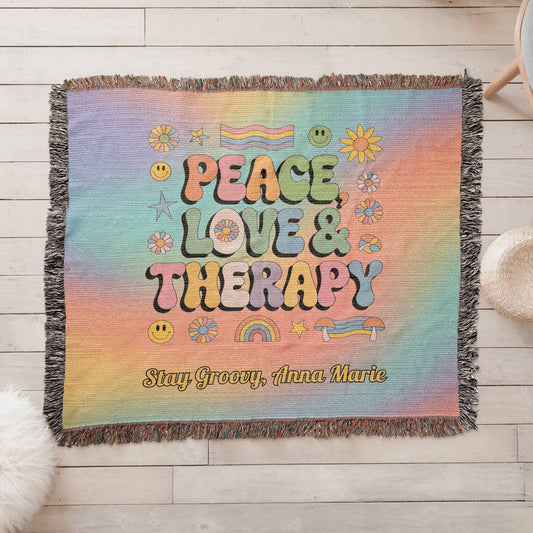 Peace, Love & Therapy Custom Retro Blanket - Personalized Mental Health Throw - MySisterIsASurvivor