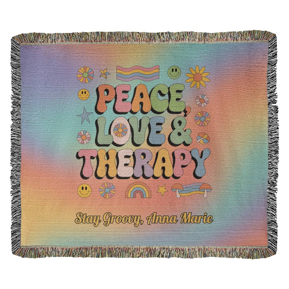 Peace, Love & Therapy Custom Retro Blanket - Personalized Mental Health Throw - MySisterIsASurvivor