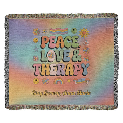 Peace, Love & Therapy Custom Retro Blanket - Personalized Mental Health Throw - MySisterIsASurvivor