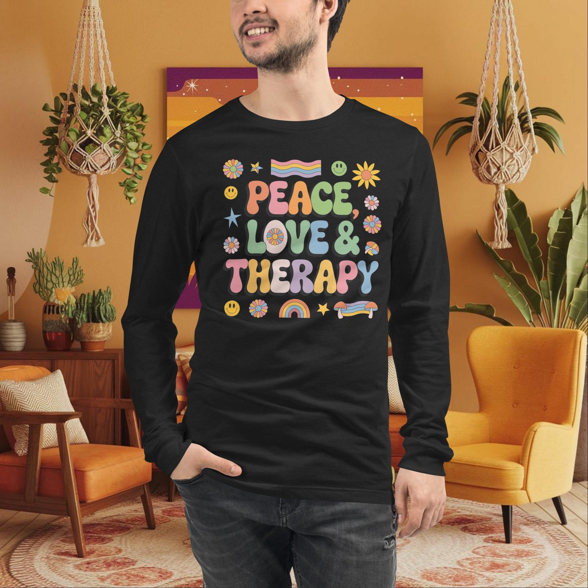 Peace, Love & Therapy Long Sleeve Tee - Retro Shirt for Healing Energy & Mindfulness - MySisterIsASurvivor