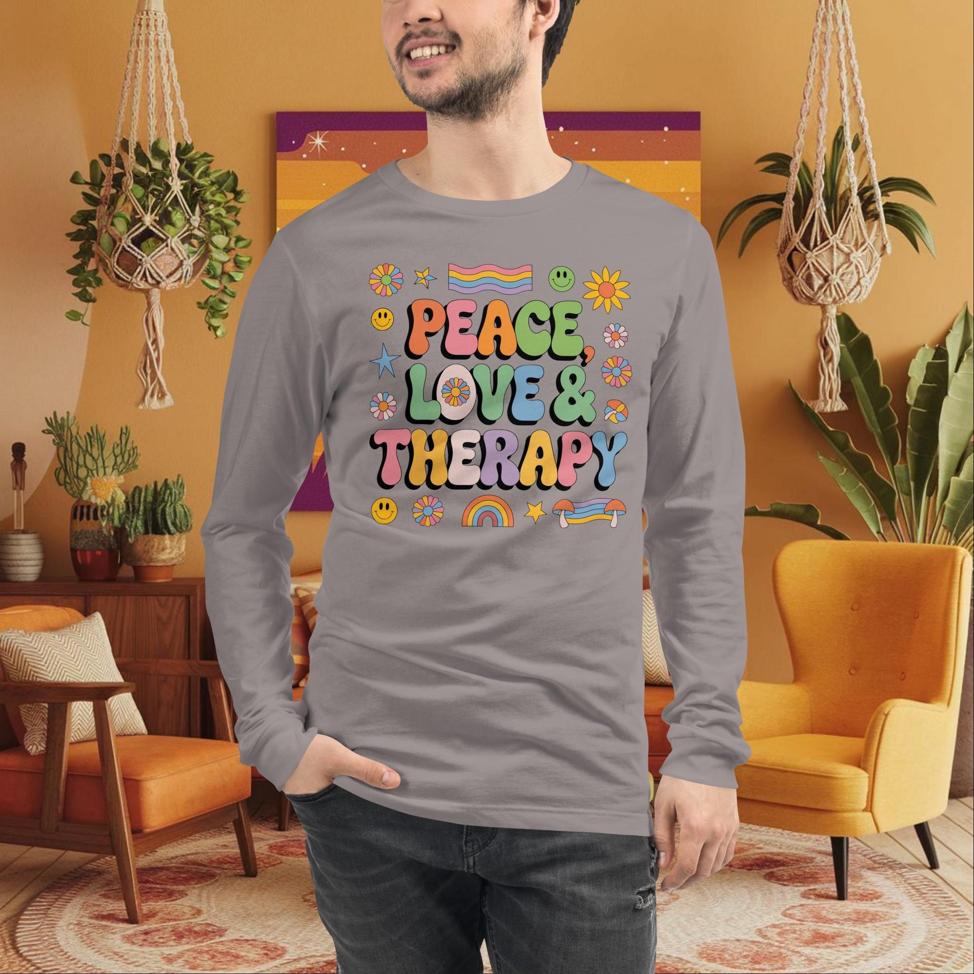 Peace, Love & Therapy Long Sleeve Tee - Retro Shirt for Healing Energy & Mindfulness - MySisterIsASurvivor