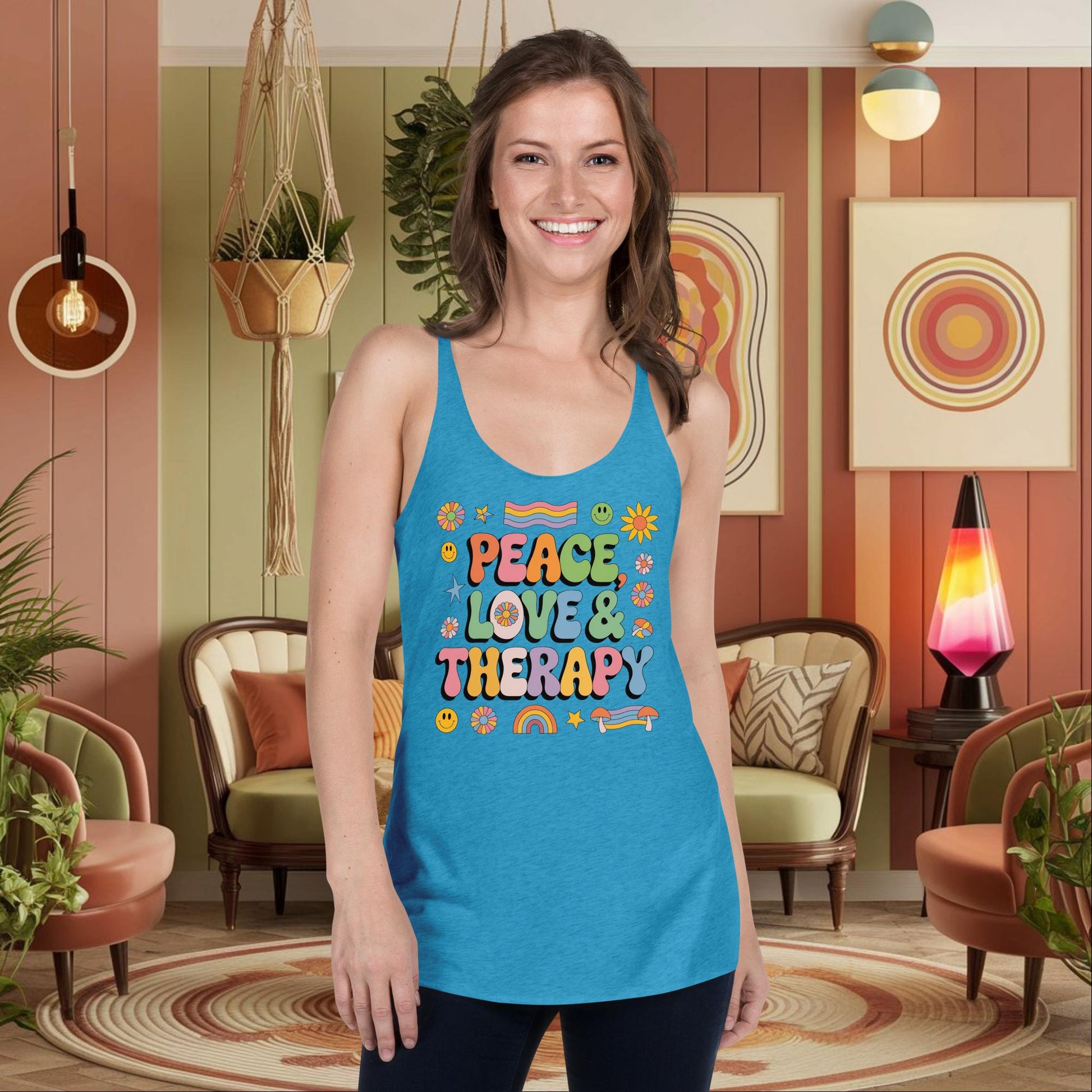 Peace, Love & Therapy Retro Tank - Women’s Mental Health Awareness Shirt - MySisterIsASurvivor