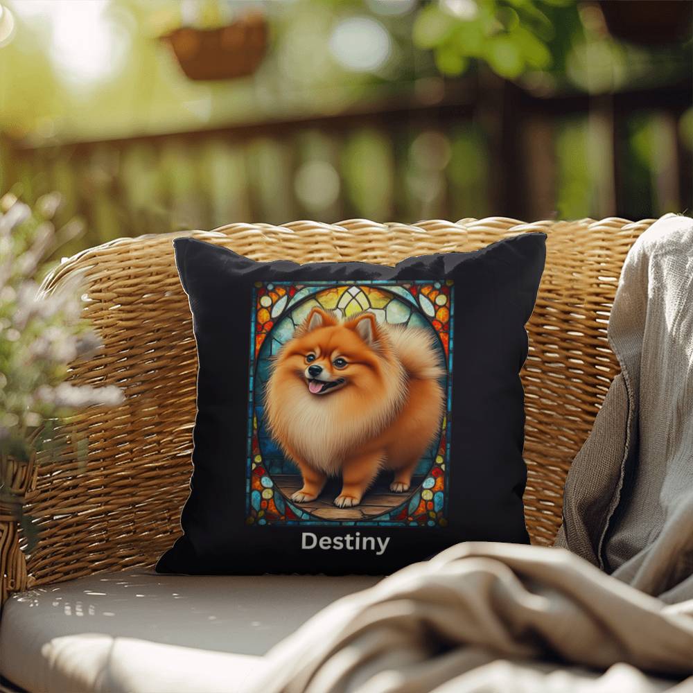 Red Sable Pomeranian Pillow, custom stained glass art with name option for dog owners