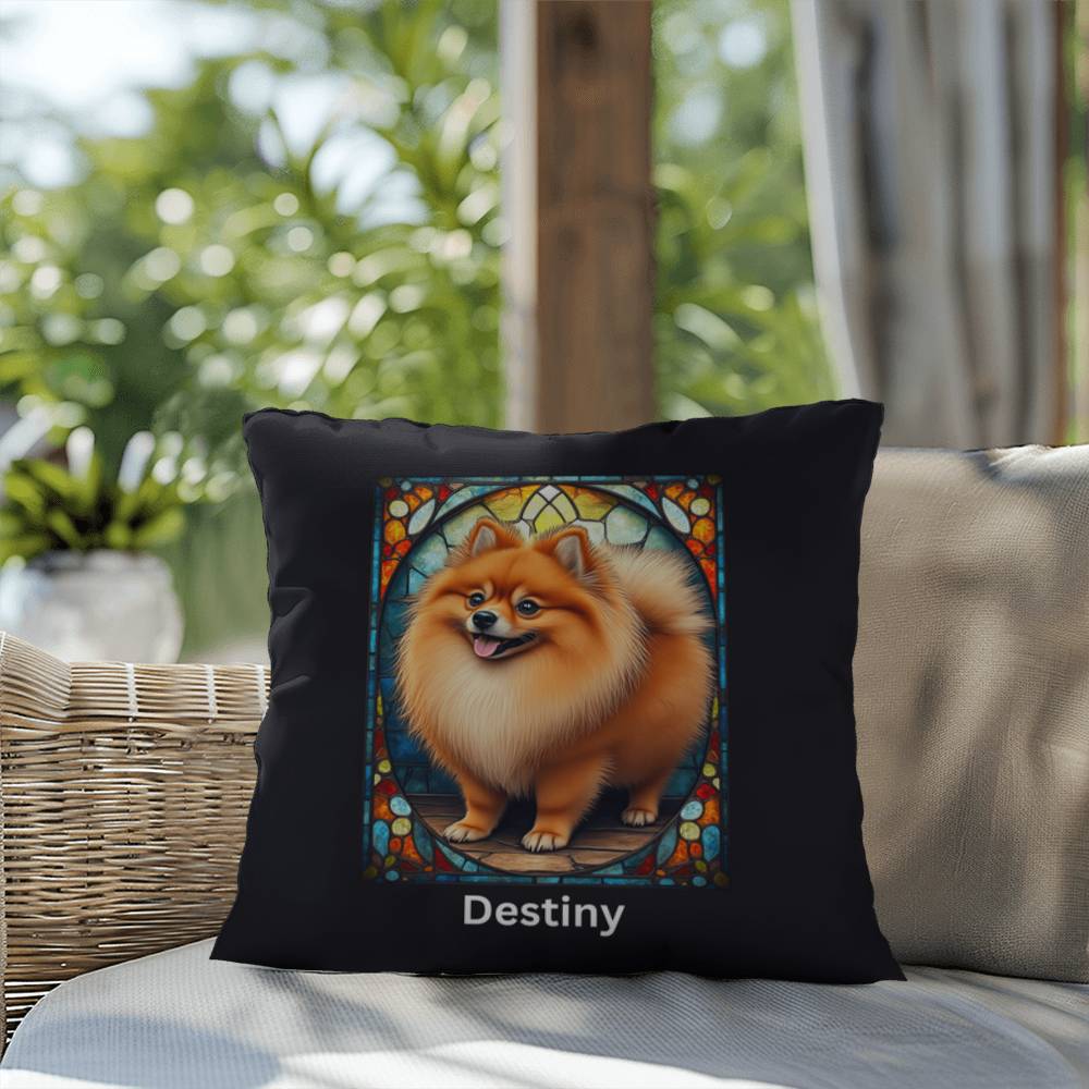 Red Sable Pomeranian Pillow, custom stained glass art with name option for dog owners