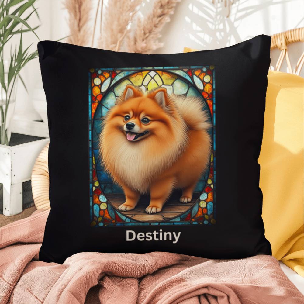 Red Sable Pomeranian Pillow, custom stained glass art with name option for dog owners