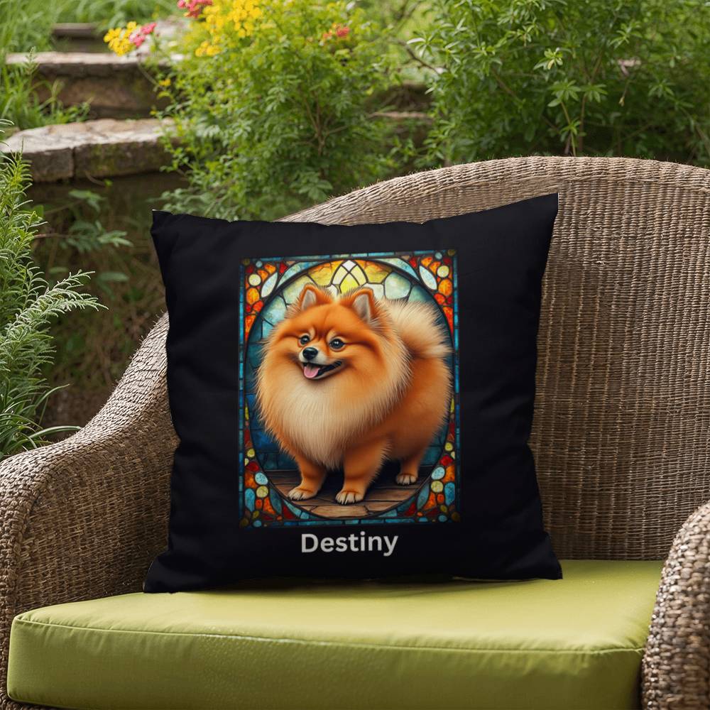 Red Sable Pomeranian Pillow, custom stained glass art with name option for dog owners