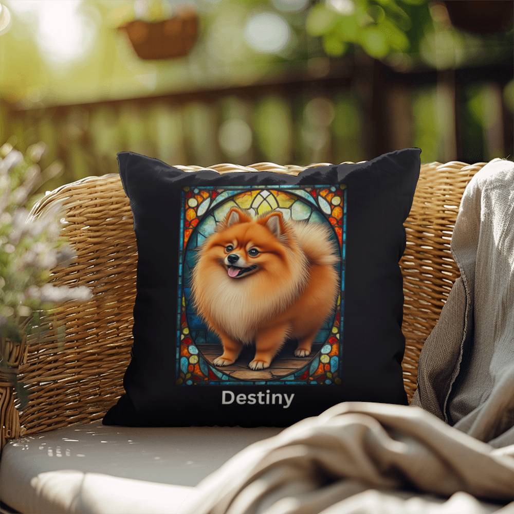 Red Sable Pomeranian Pillow, custom stained glass art with name option for dog owners