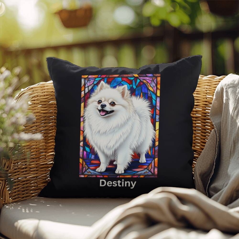 White Pomeranian Pillow, personalized stained glass art for indoor/outdoor dog décor